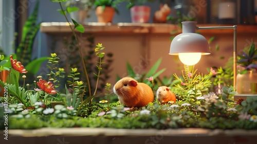 Two adorable guinea pigs explore a cozy, lush indoor garden with plants and flowers under soft lighting.