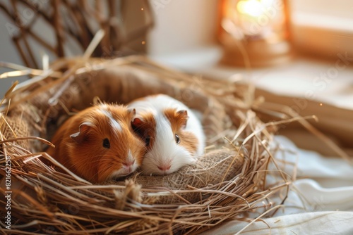 Two adorable guinea pigs resting in a cozy nest made of straw, with soft natural lighting creating a warm and gentle atmosphere.