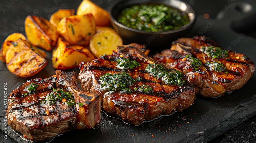 A serving of grilled lamb chops with mint sauce and potatoes.