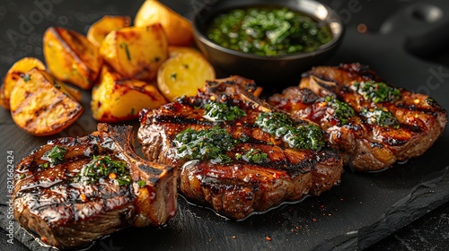 A serving of grilled lamb chops with mint sauce and potatoes.