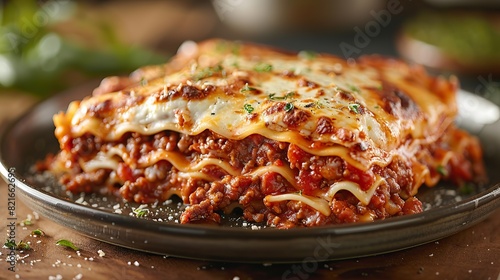 A serving of lasagna with layers of pasta, meat sauce, and cheese.