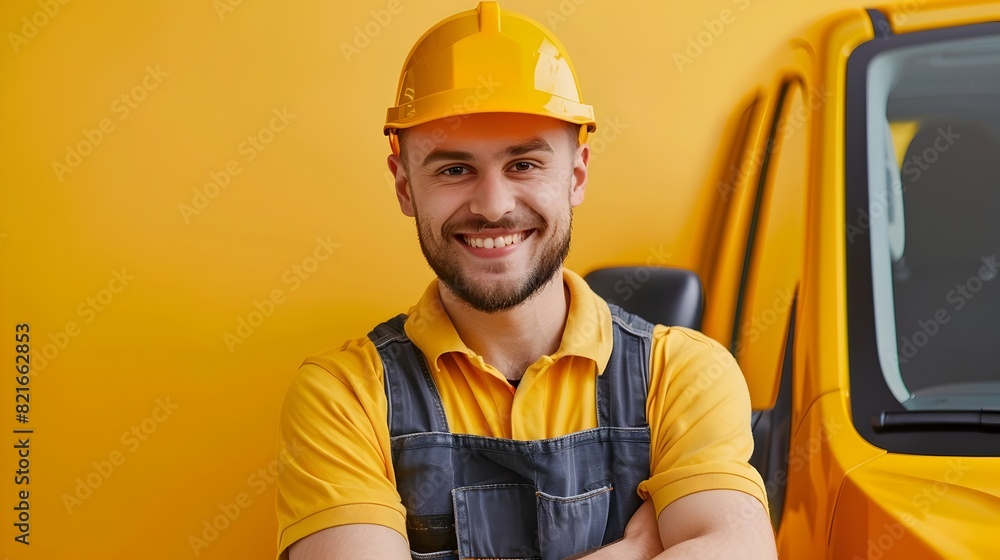 Confident Young Construction Worker in Uniform Repairing or Servicing Equipment on Colorful Background Confident Young Construction Worker in Uniform Repairing or Servicing Equipment on Colorful Background