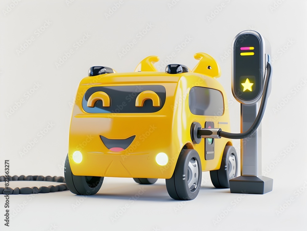 Naklejka premium Cheerful Electric Car Charging at a Friendly Fueling Station