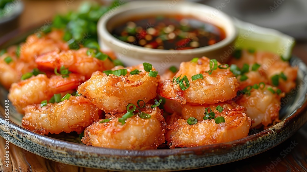 A serving of shrimp tempura with dipping sauce.