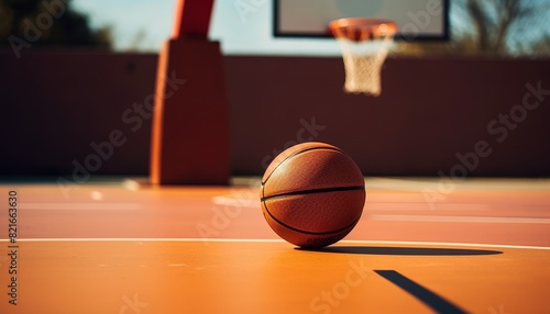 A basketball sits on a court, the hoop and net in the background. Sunlight casts a shadow on the court.