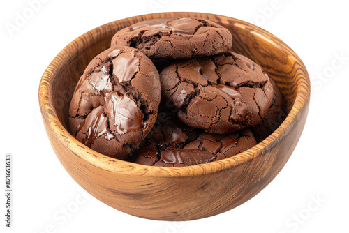 Chocolate chip cookies in a wooden bowl isolated on transparent background