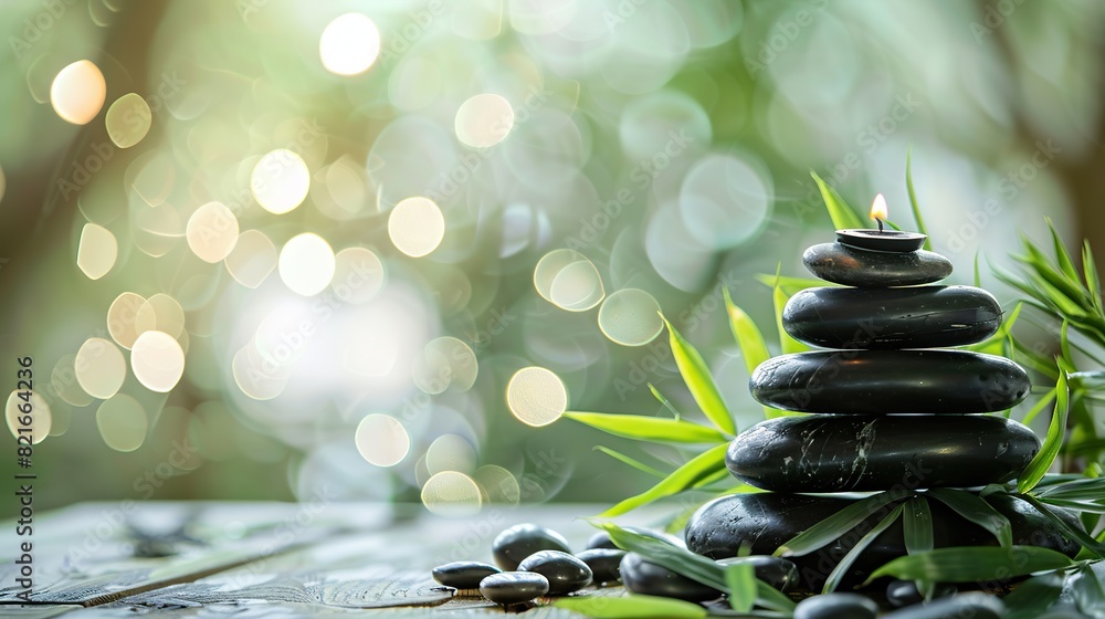 Calm, balanced stack of black massage stones, glow of candles and bamboo leaves on a green background with bokeh effect on a textured wooden surface with copy space. Calm, balanced stack of black massage stones, glow of candles and bamboo leaves on a green background with bokeh effect on a textured wooden surface with copy space.