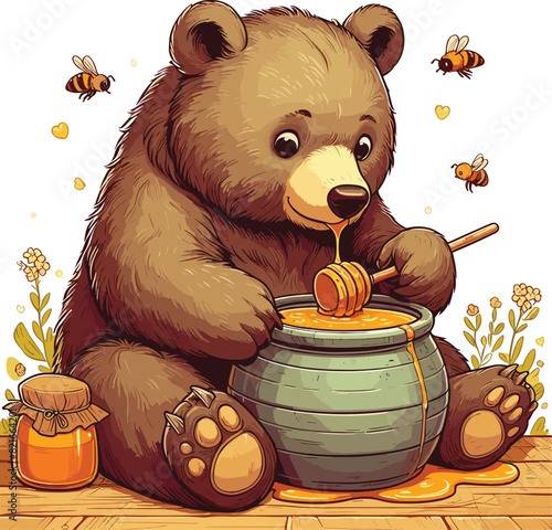 A bear sitting and eating honey from the pot