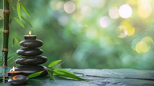 Calm  balanced stack of black massage stones  glow of candles and bamboo leaves on a green background with bokeh effect on a textured wooden surface with copy space.