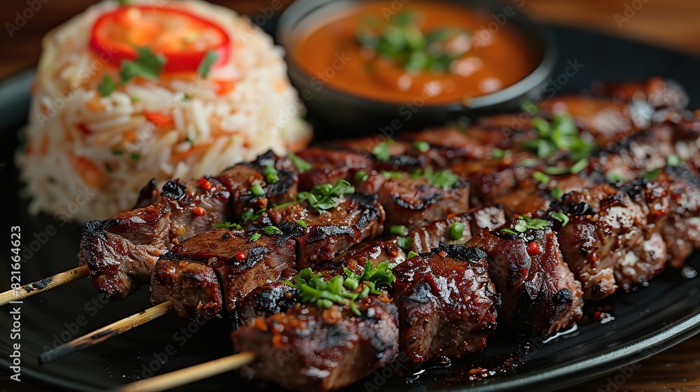 A serving of beef satay with peanut sauce.