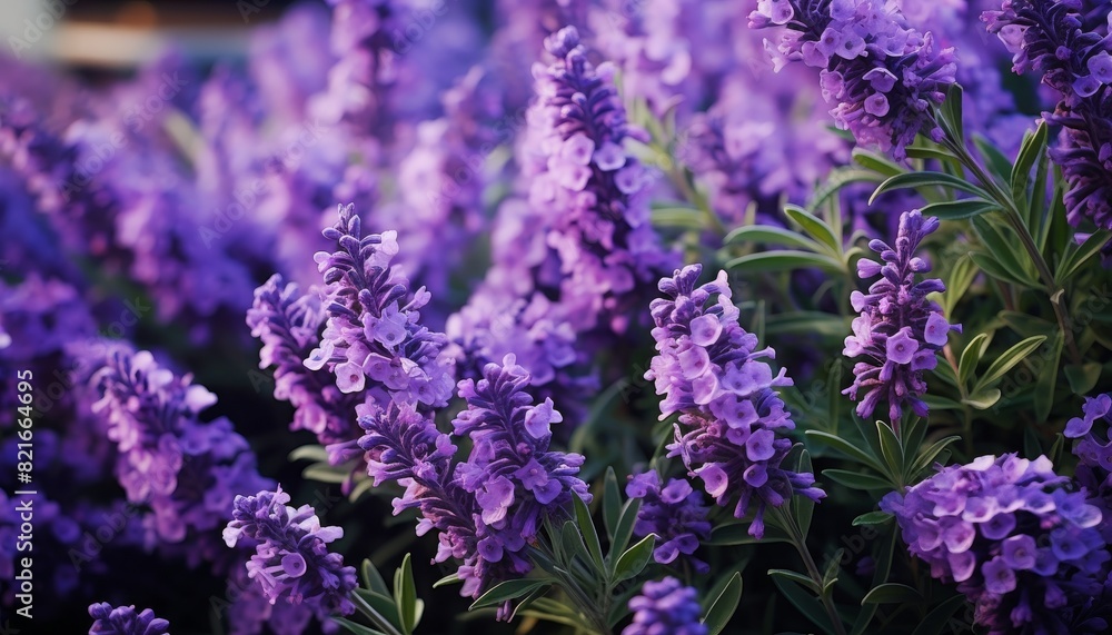Obraz premium A close-up view of a field of blooming lavender flowers. The purple flowers are in focus, with the green leaves blurred in the background. The image is soft and romantic.