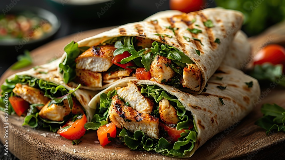 A serving of chicken Caesar wrap with parmesan cheese. A serving of chicken Caesar wrap with parmesan cheese.