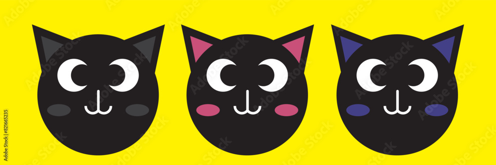 Black cat set. Face head silhouette. Blue, yellow, green eyes. Cute cartoon baby character. Kawaii pet animal illustrations or icons. 11:11