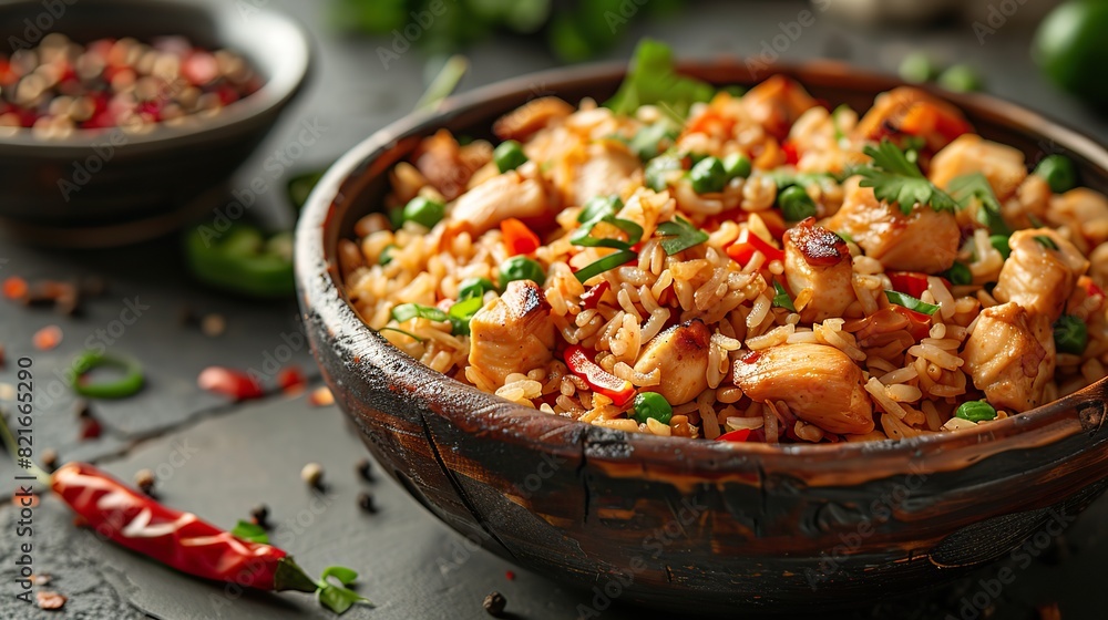A serving of chicken fried rice with vegetables. A serving of chicken fried rice with vegetables.