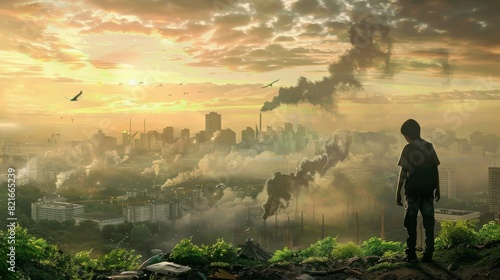 A solitary person stands on a hill  gazing towards a city engulfed in pollution at sunset  an impactful visual commentary on environmental degradation