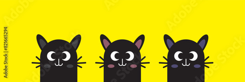 Black cat set. Face head silhouette. Blue, yellow, green eyes. Cute cartoon baby character. Kawaii pet animal illustrations or icons. 11:11