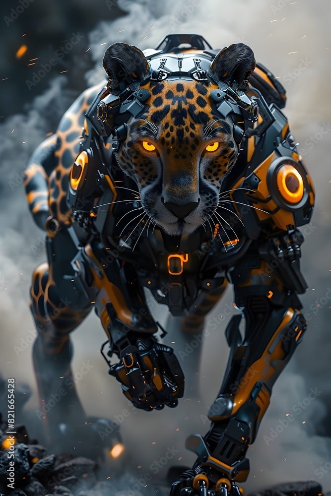 Cyborg Cheetah Warrior with Advanced Cybernetic Upgrades and Dramatic Smoke Effects in Cinematic 3D Render Cyborg Cheetah Warrior with Advanced Cybernetic Upgrades and Dramatic Smoke Effects in Cinematic 3D Render