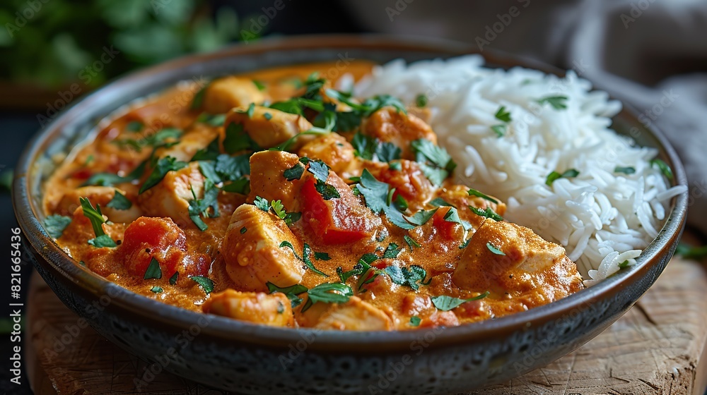 A serving of chicken korma with basmati rice. A serving of chicken korma with basmati rice.