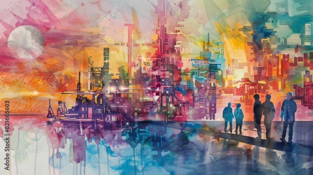 Obraz premium A vibrant, abstract painting blending city elements and silhouettes with a watercolor-like backdrop