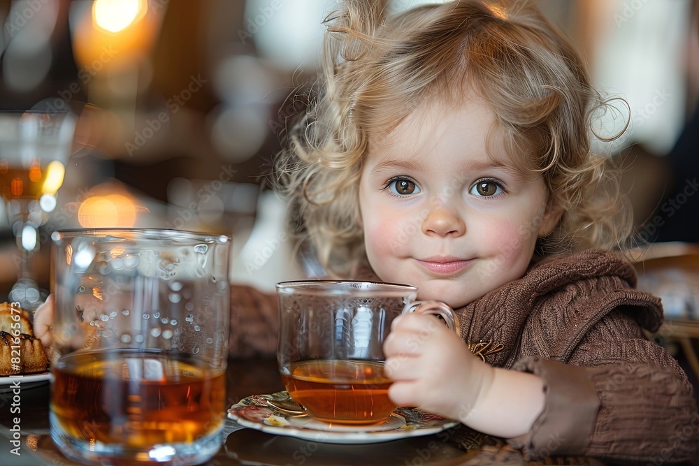 Victorian Night: Young Child Sipping Tea with Whiskey & Food Background Victorian Night: Young Child Sipping Tea with Whiskey & Food Background