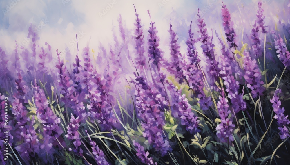 Fototapeta premium A field of vibrant purple wildflowers swaying in the gentle breeze, bathed in soft, ethereal light.