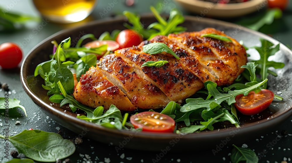 A serving of chicken Milanese with arugula salad. A serving of chicken Milanese with arugula salad.