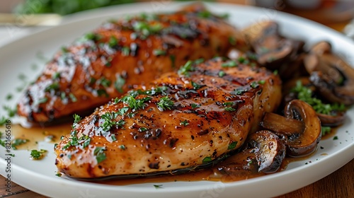 A serving of chicken Marsala with mushrooms.