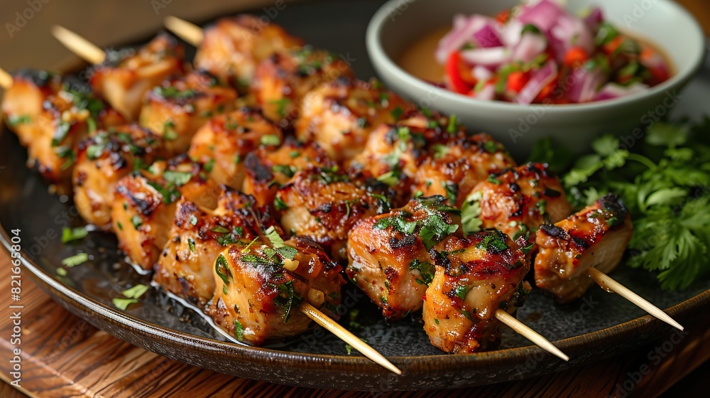 A serving of chicken satay with peanut sauce.