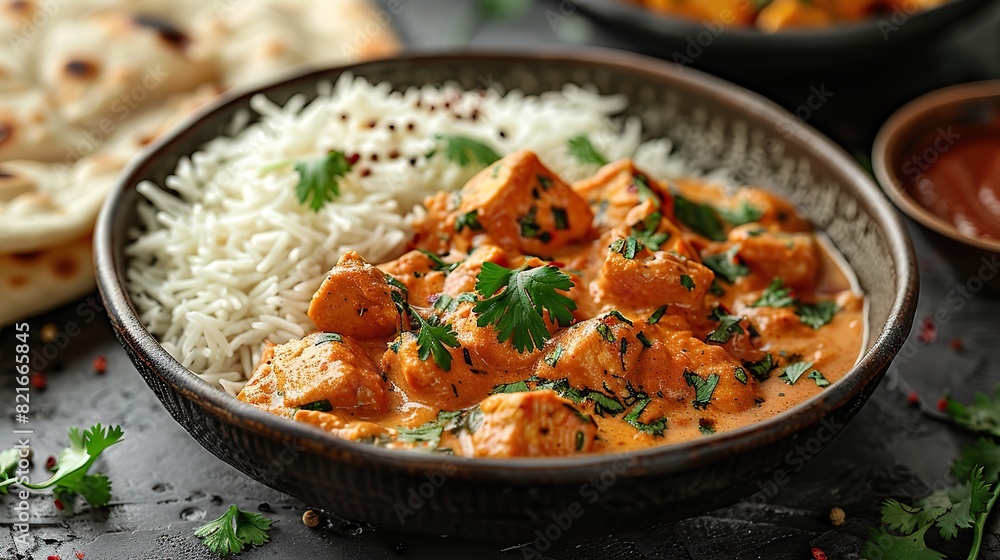 A serving of chicken tikka masala with basmati rice and naan bread. A serving of chicken tikka masala with basmati rice and naan bread.