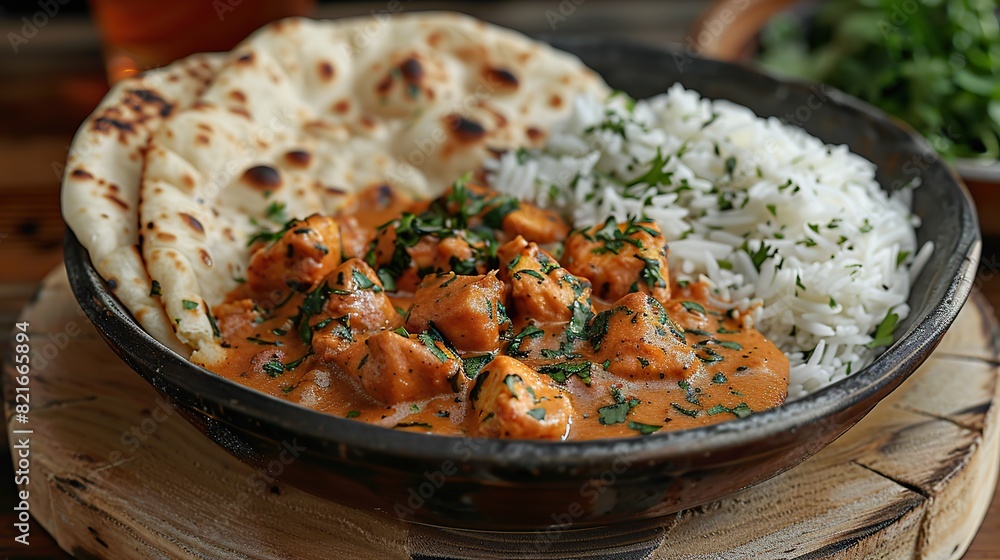 A serving of chicken tikka masala with basmati rice and naan bread. A serving of chicken tikka masala with basmati rice and naan bread.