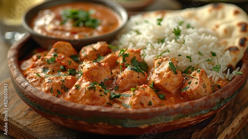 A serving of chicken tikka masala with basmati rice and naan bread.