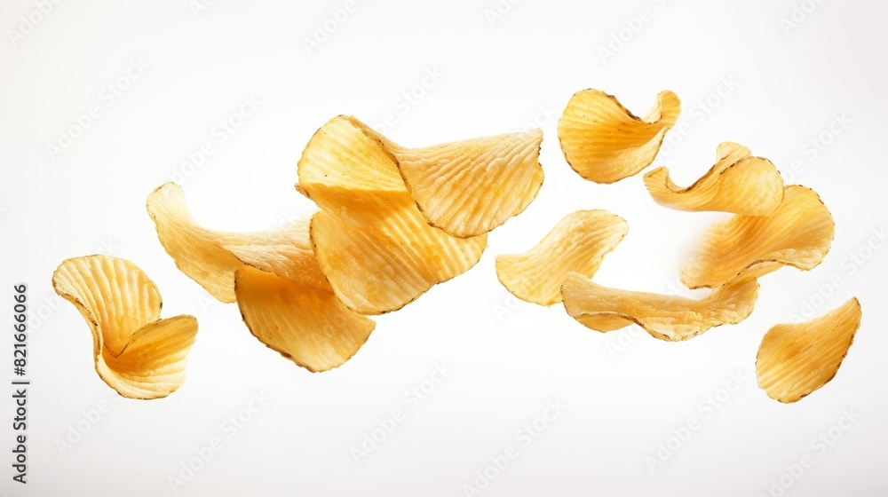 A group of potato chips in mid-air, isolated on a white background. The chips are golden brown and appear to be freshly made. A group of potato chips in mid-air, isolated on a white background. The chips are golden brown and appear to be freshly made.