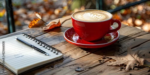 Fototapeta Cozy Workspace Concept with Cappuccino and Notebook on Autumn Cafe Table