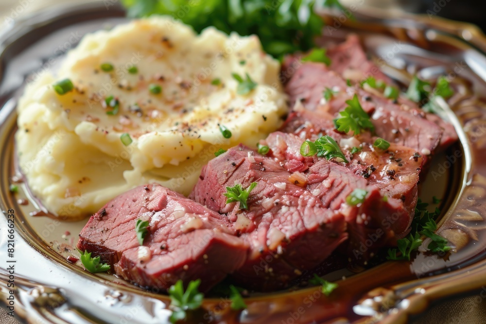 Grilled steak sliced and served on a plate with a side of creamy mashed potatoes, seasoned with herbs Grilled steak sliced and served on a plate with a side of creamy mashed potatoes, seasoned with herbs