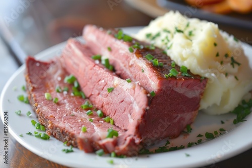 Grilled steak sliced and served on a plate with a side of creamy mashed potatoes, seasoned with herbs