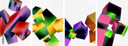 Flying 3d shapes, cubes and other geometric elements background design for wallpaper, business card, cover, poster, banner, brochure, header, website