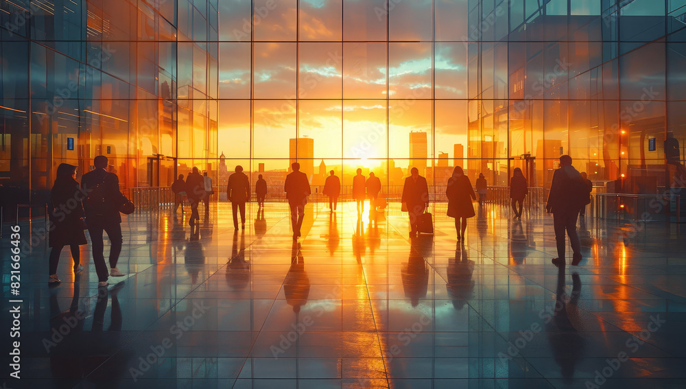 A large group of people walking in an airport, sunset light coming through the windows. Created with Ai