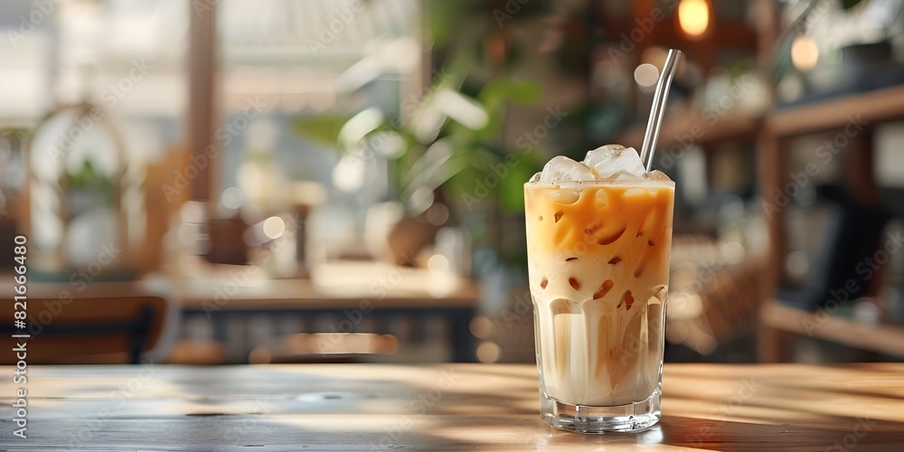 Fototapeta premium Iced Latte Served in Tall Glass with Paper Straw at Bright and Airy Caf Interior