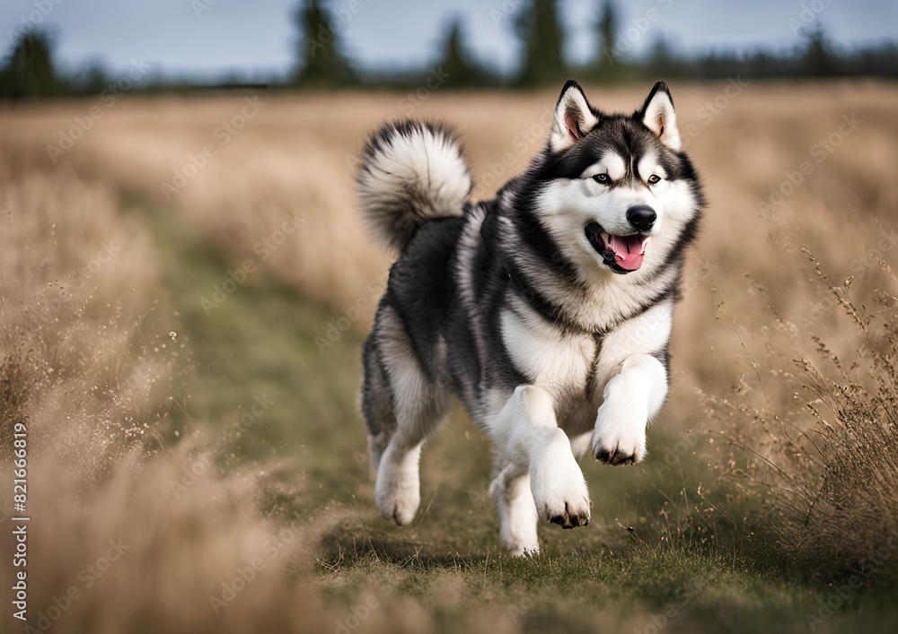 An Alaskan Malamute running across a field.