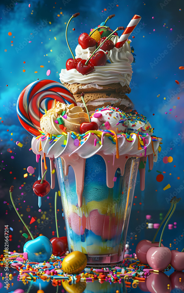 A colorful ice cream sundae with a cherry on top