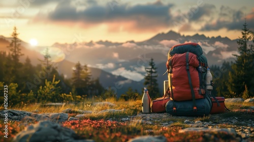 Backpack and Hiking Gear: A sturdy backpack with essential gear, set against a breathtaking mountain backdrop.