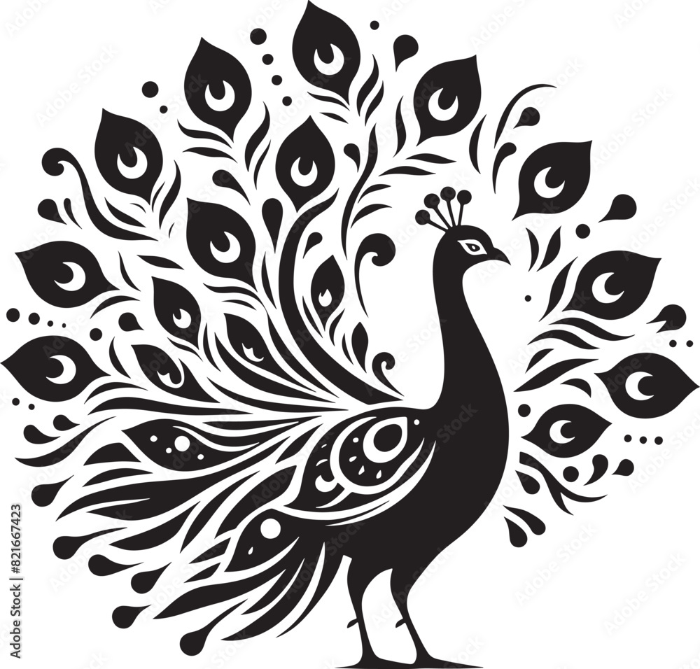 Fototapeta premium Peacock with beautiful feather silhouette vector art illustration peacock clipart logo icon, isolated on white