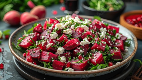 A plate of roasted beet salad with goat cheese.