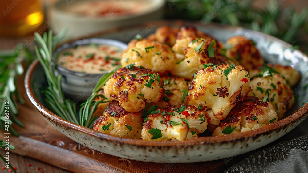 A plate of roasted cauliflower with tahini sauce. A plate of roasted cauliflower with tahini sauce.