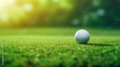 A single golf ball rests on a lush green fairway with a blurred background of green trees and sunbeams.