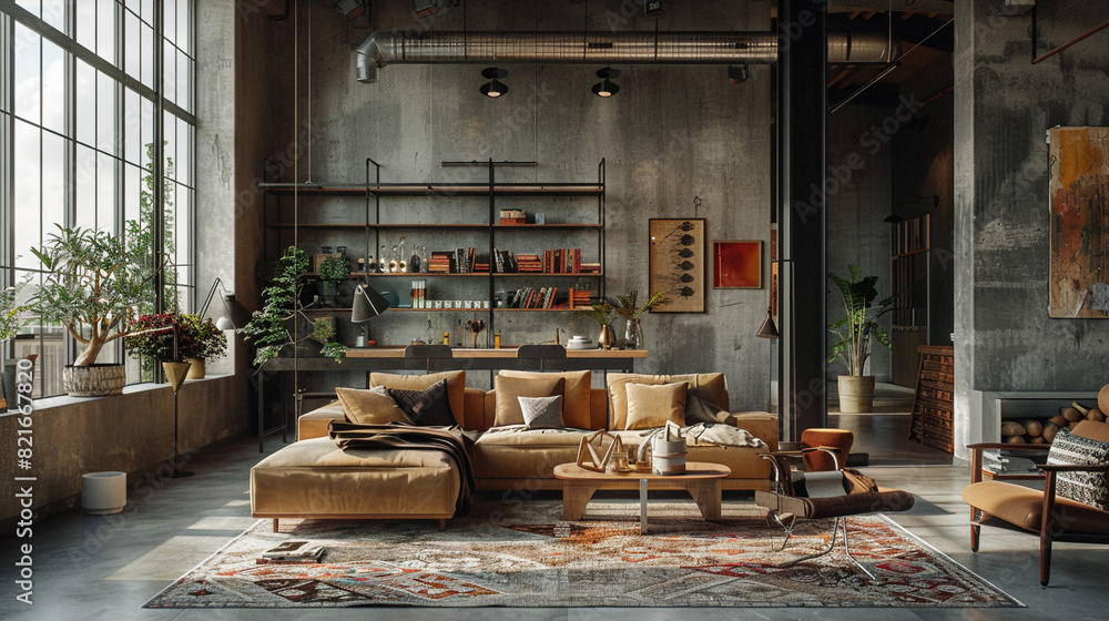 A Bauhaus modern living room with concrete floors, steel-framed windows, and a combination of Bauhaus furniture and industrial-inspired decor, creating a space that is both sleek and utilitarian. A Bauhaus modern living room with concrete floors, steel-framed windows, and a combination of Bauhaus furniture and industrial-inspired decor, creating a space that is both sleek and utilitarian.