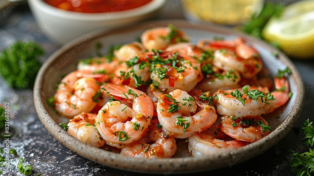 A plate of shrimp cocktail with spicy cocktail sauce. A plate of shrimp cocktail with spicy cocktail sauce.
