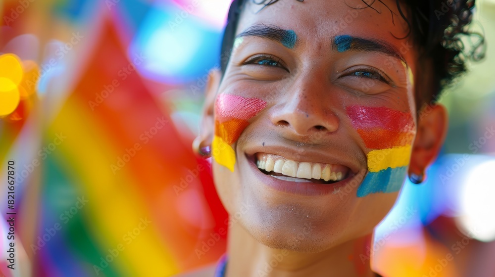 A close-up of a person�s face with a rainbow painted across their cheek, smiling brightly against a festive backdrop A close-up of a person�s face with a rainbow painted across their cheek, smiling brightly against a festive backdrop