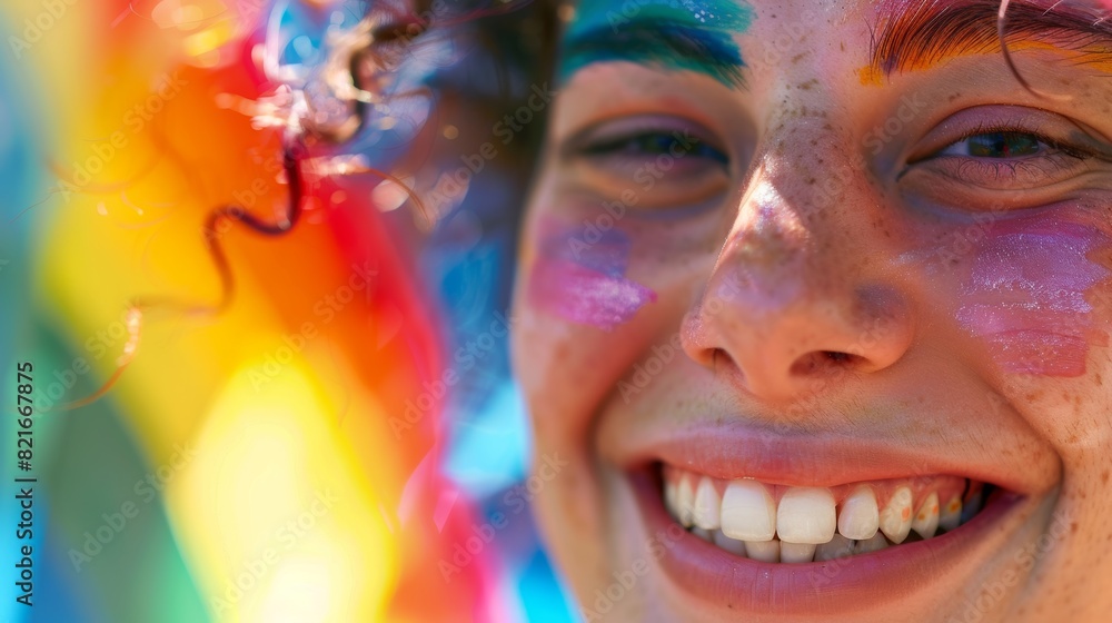 A close-up of a person�s face with a rainbow painted across their cheek, smiling brightly against a festive backdrop A close-up of a person�s face with a rainbow painted across their cheek, smiling brightly against a festive backdrop