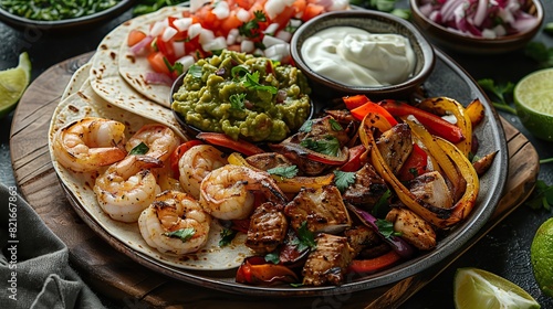 A plate of sizzling fajitas with strips of grilled chicken, beef, or shrimp, served with warm tortillas, guacamole, salsa, and sour cream.